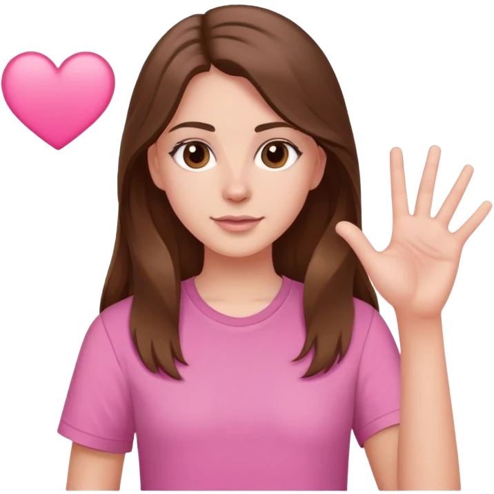 one white girl with long brown hair and brown eyes wearing a pink shirt making a hand heart  emoji