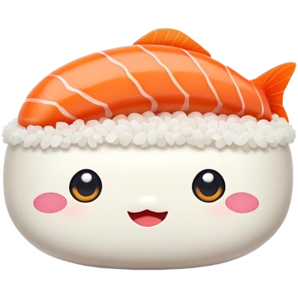 Cute Kawaii Nigiri Sushi, plump and happy, a soft white rice pillow topped with bright orange salmon, tiny blushing cheeks, big round eyes, a joyful floating expression! emoji