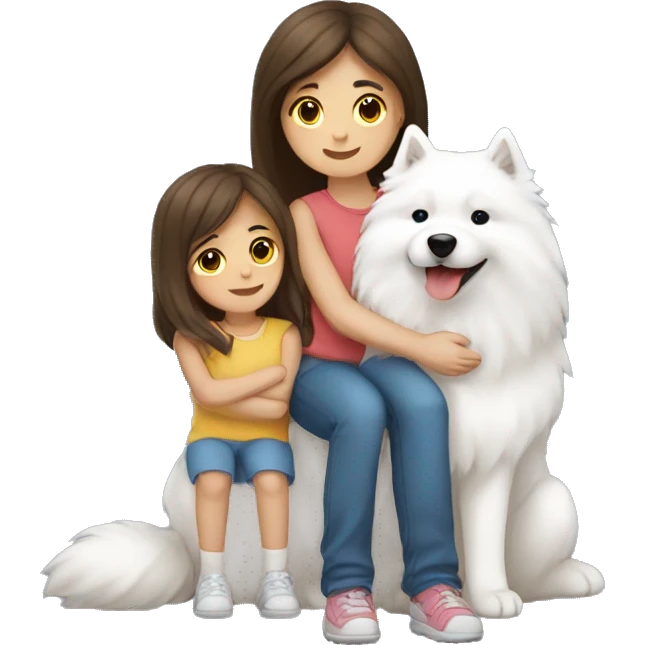 Girl with brunette long hair hugging boy samoyed and girl Samoyed  emoji