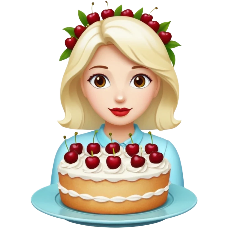 Beautiful woman with bouquet of flowers and lush white cakes with icing and cherries emoji style emoji
