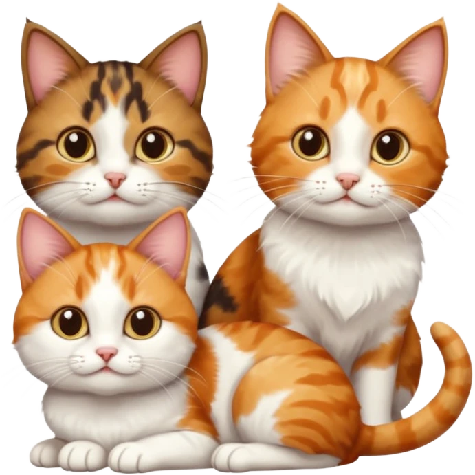 3 different coloured small cats including a dark brown tabby and white, and a patchy calico, and a ginger and white emoji