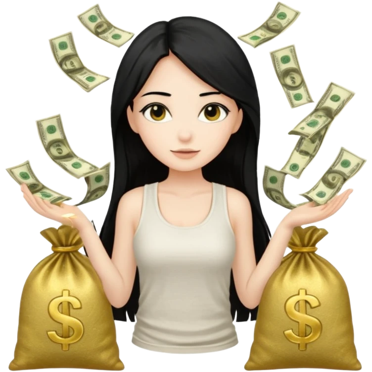 a pretty bratz fair girl with long straight black hair  with a white tank top surrounded by money bags emoji