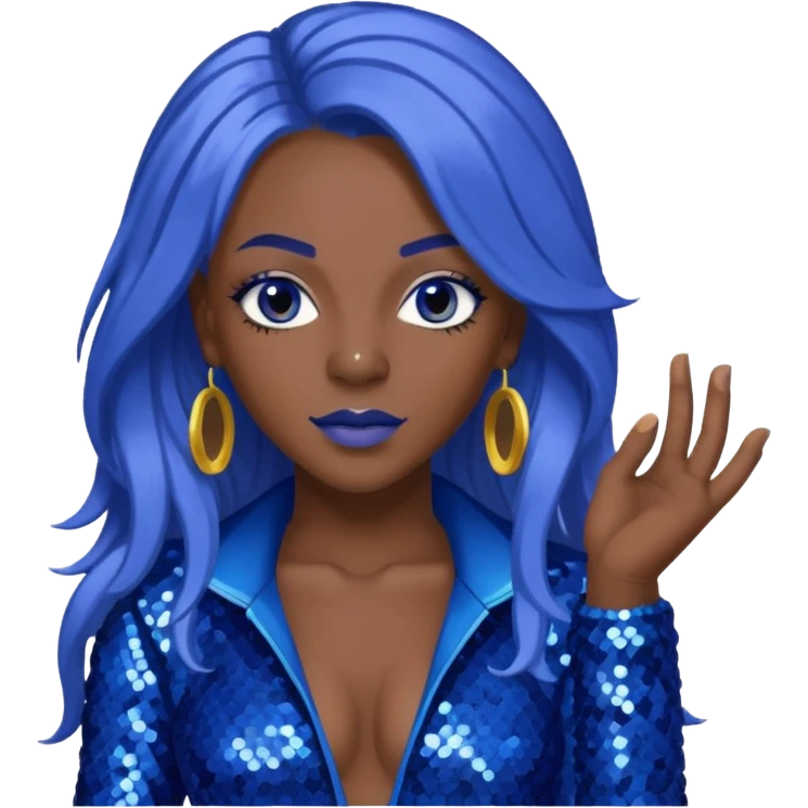 Spice, Dancehall Singer with dark skin, long periwinkle hair, blue sequin outfit emoji