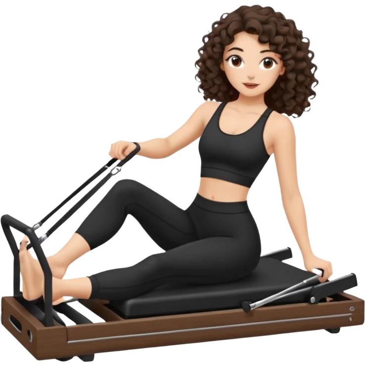 brunette,curly hair shoulder length,turkish,beautiful,with some eyelined eyes, 3b girl doing reformer pilates with black pilates cutesy set,on reformer machine,making different moves.just one person emoji