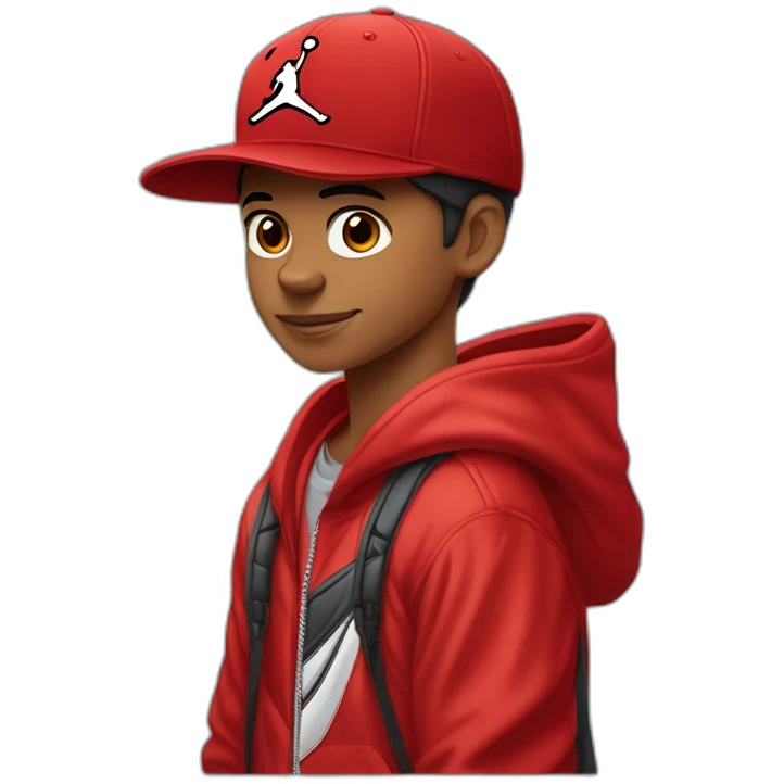 Morocho boy in red attire with a red Nike cap and Jordan Retro 4 red🌟. emoji