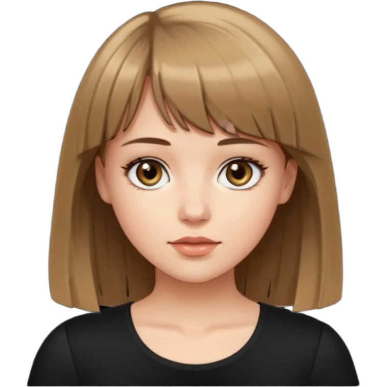 White girl in black top hair length to the tits color very dark blonde/light brown bangs emoji