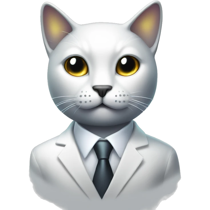 Dark iridescent cat wearing white business suit glowing emoji
