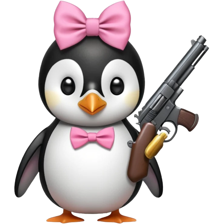 Penguin with pink bow holding a gun emoji