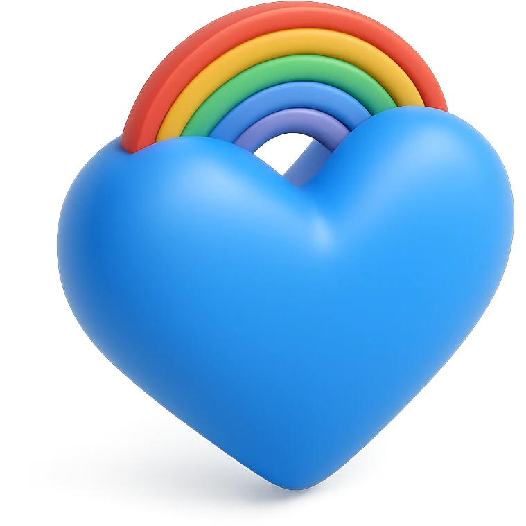 shiny blue heart with rainbow pride accents, 3D look emoji