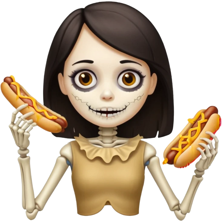 girl skeleton with hair eating a hot dog emoji