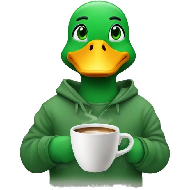 duck with green eyes and green sweatshirt, making coffee emoji