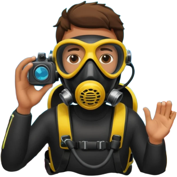 male dive photographer underwater wearing scuba gear taking photos of coral reefs emoji