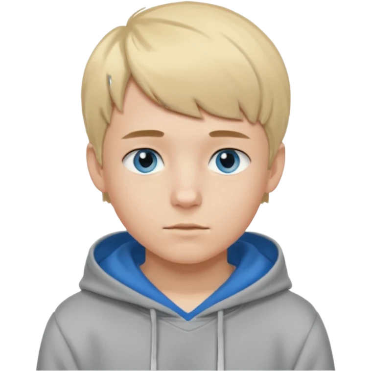 Teen boy with blue eyes and Grey hoodie standing up with blond short hair and short bangs emoji