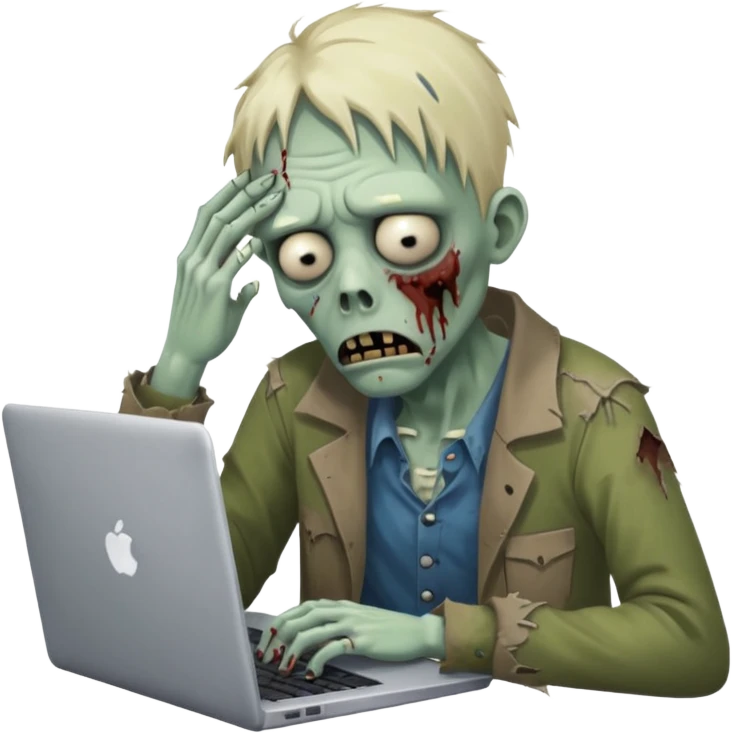 A tired sad zombie behind a laptop emoji
