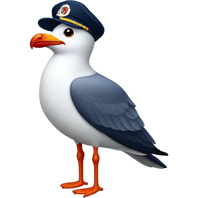 Seagull with wearing navy ballcap emblazoned with a red G initial emoji