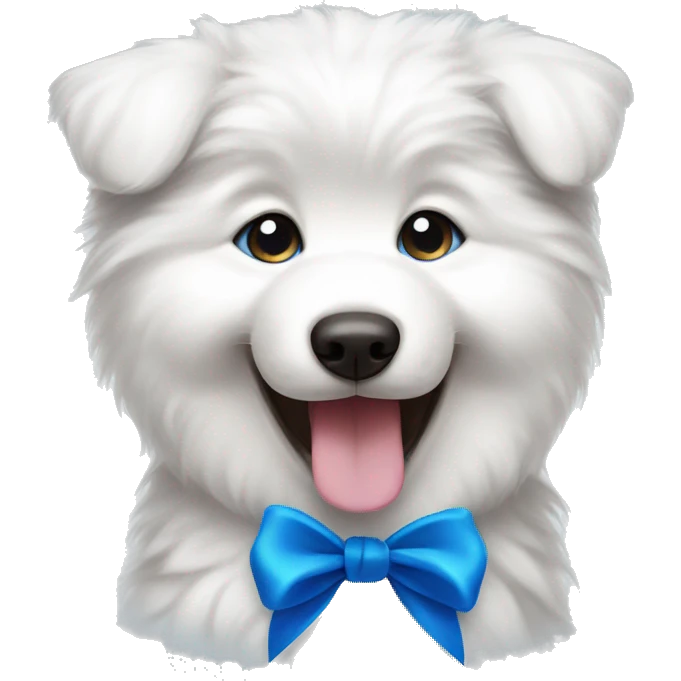 Samoyed puppy with big eyes and tongue smiling with blue Ribbon 
 emoji