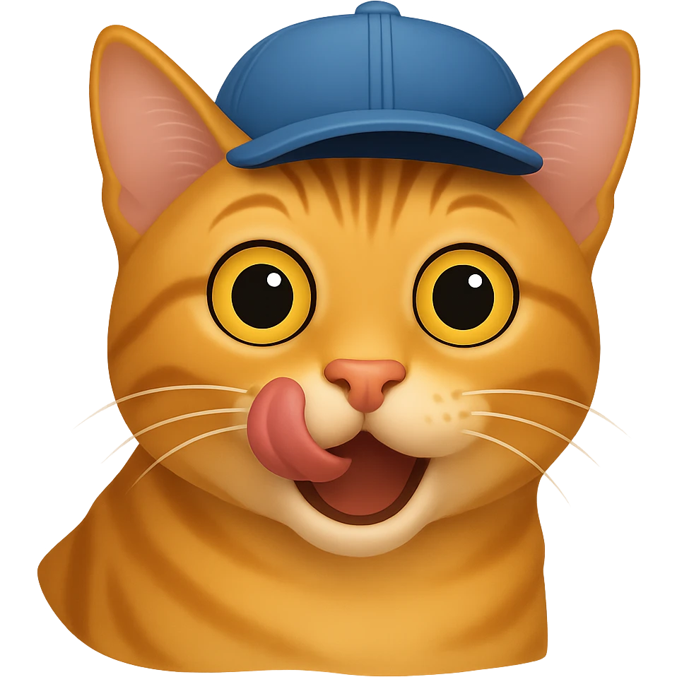 Change the cat's face expression to hungry (licking lips or wide eyes), keep the blue cap, and set the background to transparent. The style should resemble emoji style with simple and clear features. emoji