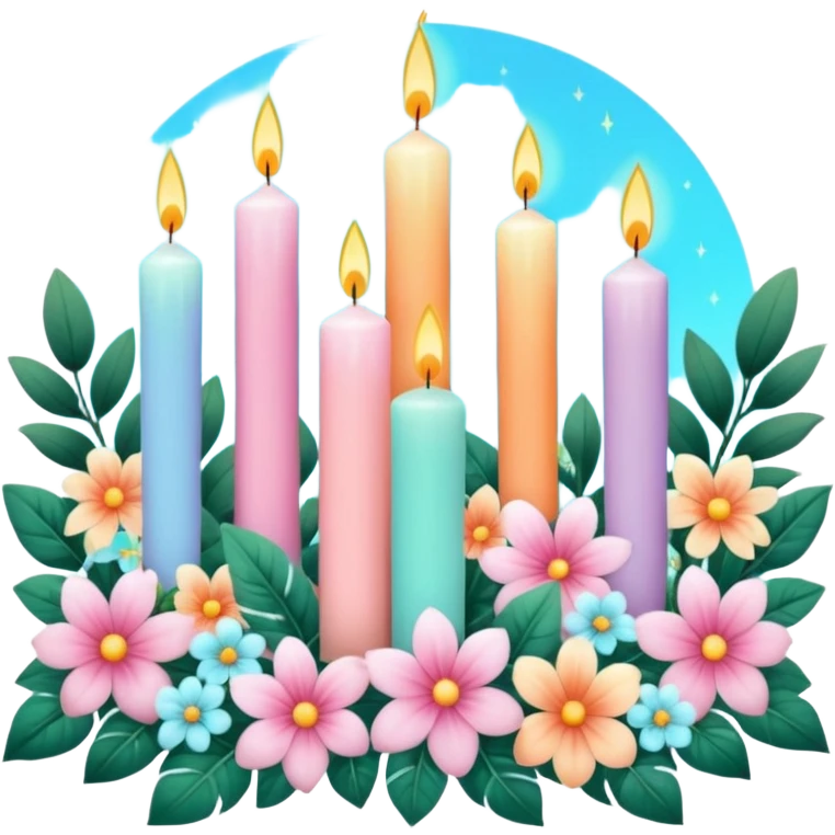 Aesthetic scenic romantic pastels beautiful gorgeous holy divine spiritual pretty elegant sparkly shiny scene of Candles, flowers, plants leaves, scenic aesthetic scenery emoji