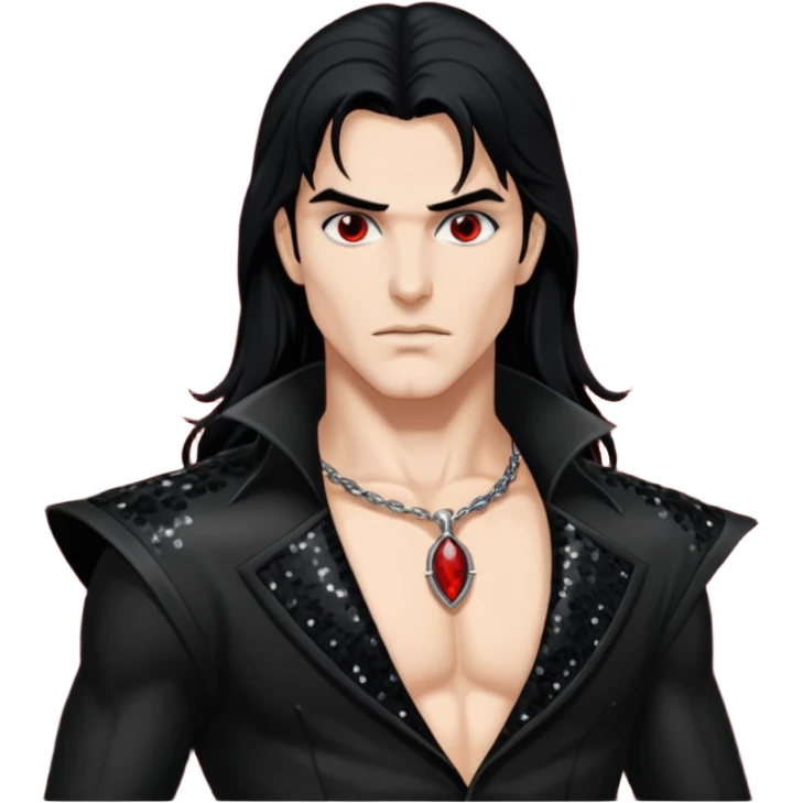 Adam Van Helsing from Vampirella with long black hair, black sequin outfit emoji