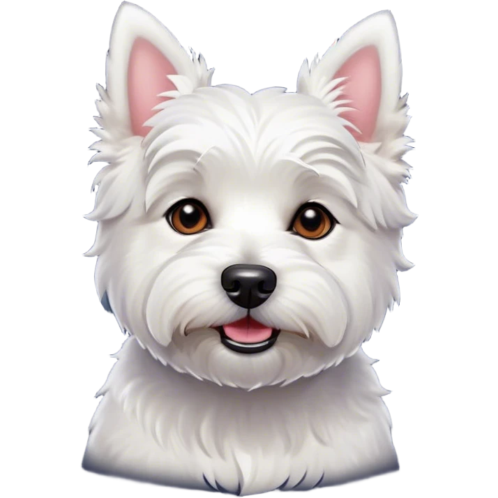 Cinematic Cute West Highland White Terrier Portrait Emoji, Head tilted playfully and inquisitively, featuring a fluffy, immaculate white coat with perky ears, round, sparkling dark eyes filled with curiosity, Simplified yet irresistibly adorable features, highly detailed, glowing with a warm, friendly glow, high shine, affectionate and lively, stylized with a touch of whimsy, bright and endearing, soft glowing outline, capturing the essence of a mischievous yet loving pup, so playful it feels like it could bound out of the screen and into your arms! emoji