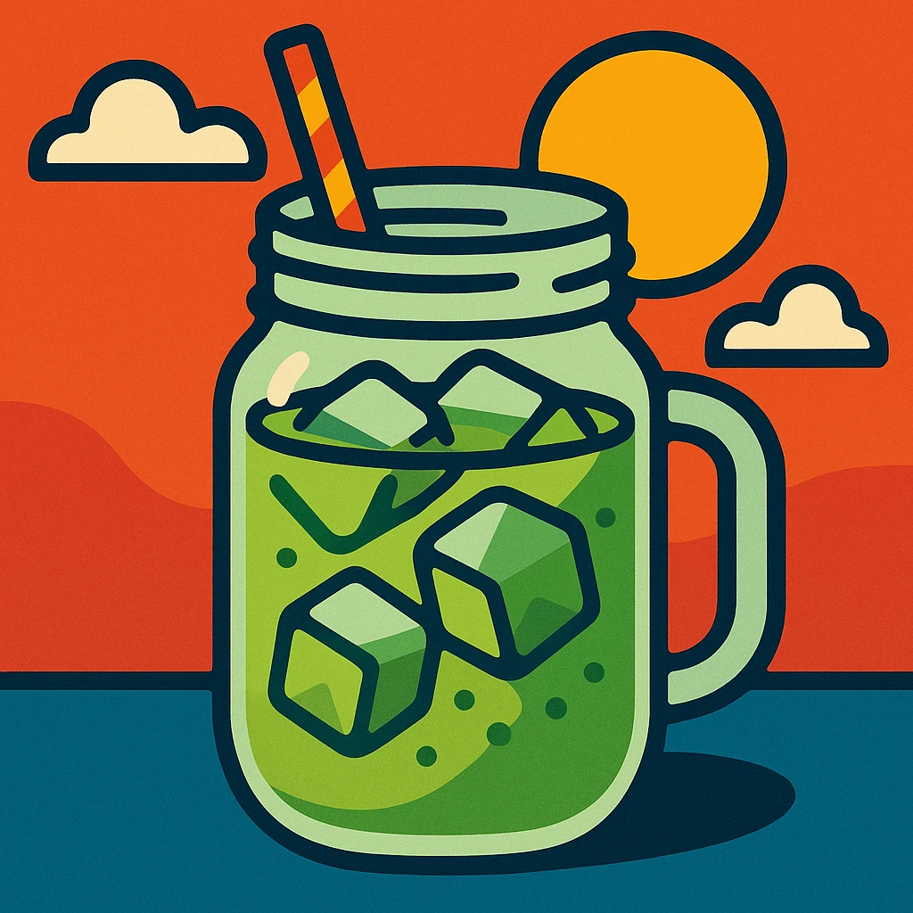 ice matcha latte in a mason jar, visible ice cubes, light green color, summer drink vibe emoji