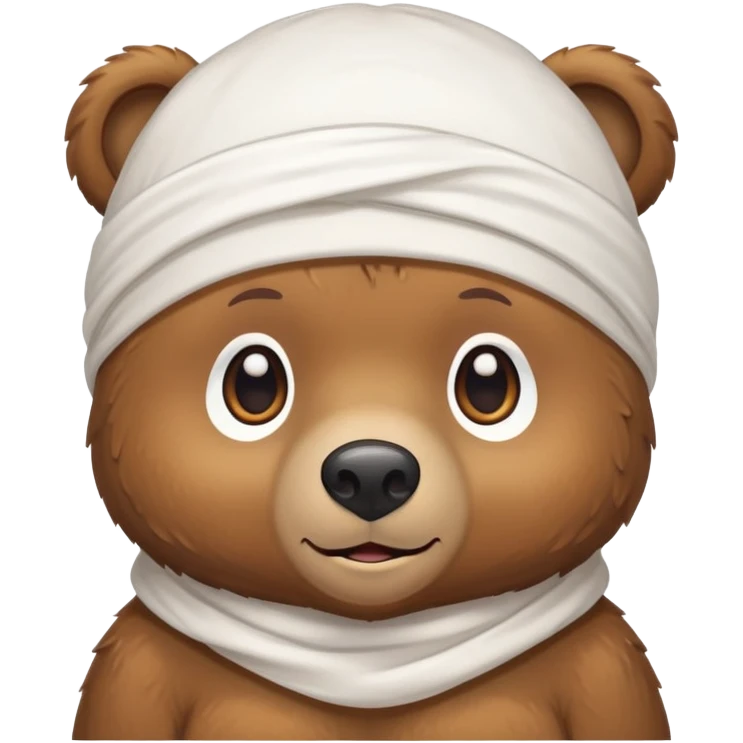 Brown bear wearing a white durag on its head, cute face emoji