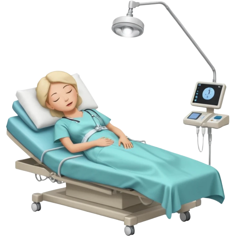 A woman in her 50s lying on an examination bed with eyes closed, shown in a wide, full-body view in a clean colonoscopy procedure room. Only the patient is visible. emoji
