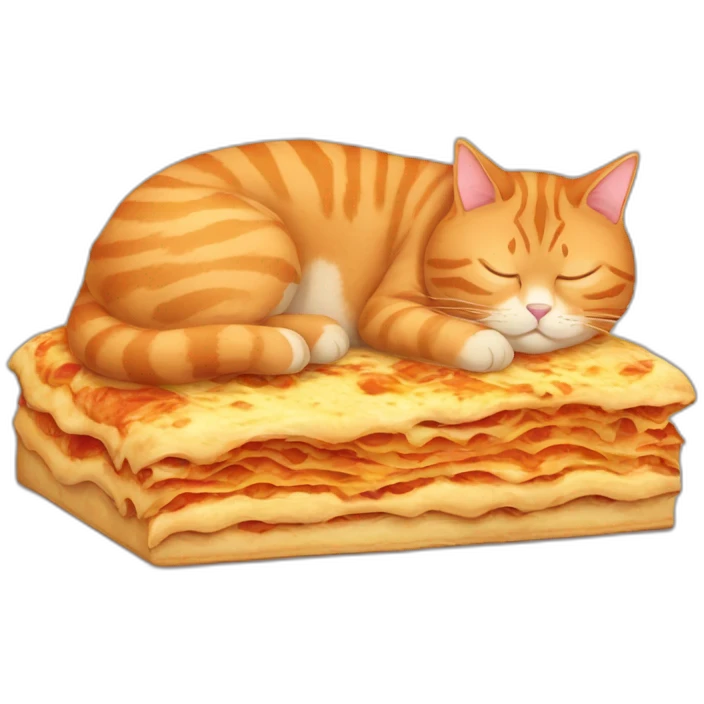 fat all orange tabby cat sleeping next to lasagna emoji