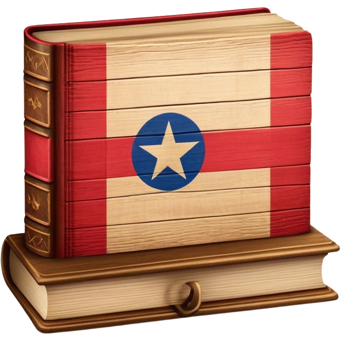 Elegant aged book with the Puerto Rican flag embossed on the cover, wooden theater stage symbol, vintage textured cover with warm wood and parchment tones, slightly glowing, representing the eternal legacy of scenic design in Puerto Rico emoji