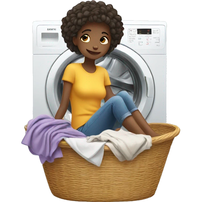 Girl laying on a tall pile of clothes in a laundry basket emoji