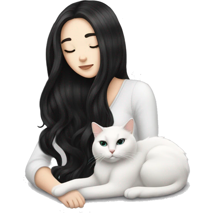 A pretty white girl with very long black hair and sleeping curled up to a white cat  emoji