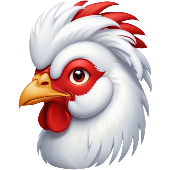Cinematic Cute White Rooster Portrait Emoji, Head tilted playfully and inquisitively, featuring a glossy, immaculate white plumage with a vibrant red comb, round, sparkling eyes filled with curiosity, Simplified yet irresistibly adorable features, highly detailed, glowing with a warm, friendly glow, high shine, affectionate and spirited, stylized with a touch of farmyard whimsy, bright and endearing, soft glowing outline, capturing the essence of a mischievous yet loving rooster, so playful it feels like it could strut out of the screen and into your arms! emoji