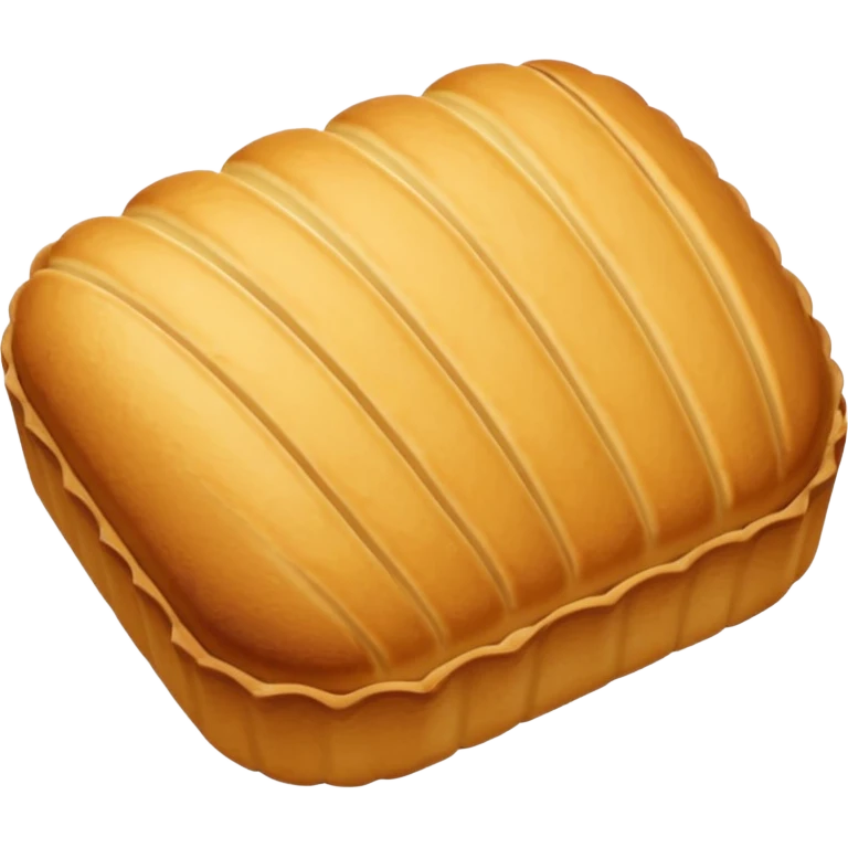 A madeleine pastry. Oval shaped with four to five vertical lines going in the same direction. Scalloped seashell shape. Light golden brown. Scalloped edge. Cookie. Flat. emoji