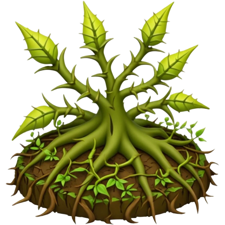 green vines with thorns sprouting from the ground, 3D, extremely detailed, earthy color palette, yellow green and brown tones, filigree inspired emoji