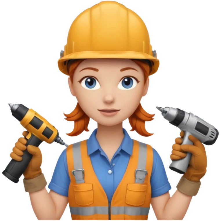A ginger haired girl blue eyes, handyman Outfit, wearing a Helmet, with drill emoji
