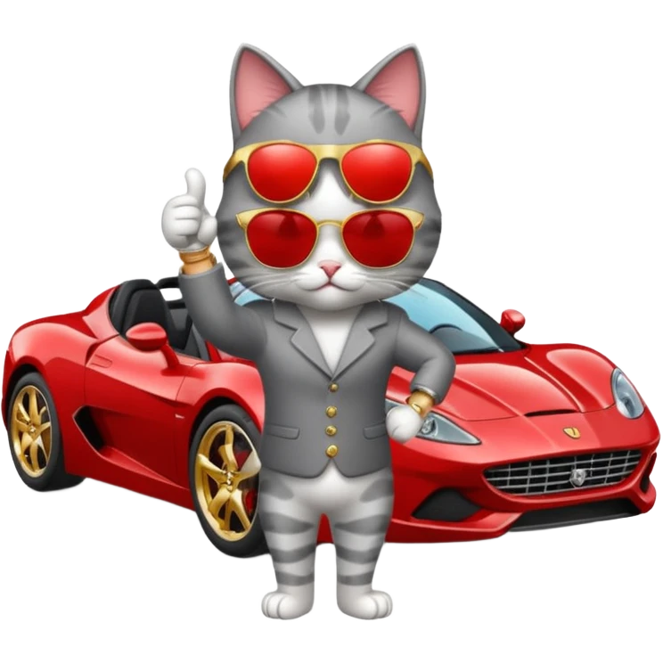 cat wearing sunglasses and a watch giving a thumbs up next to a fancy car emoji