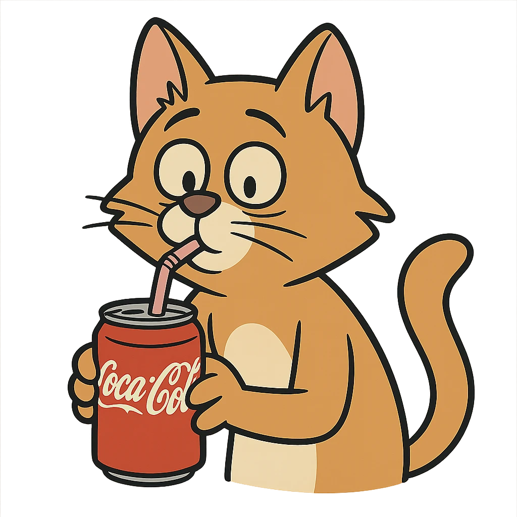 a cartoon cat drinking Coca-Cola with a straw emoji