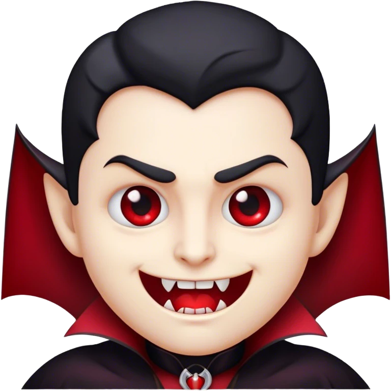 Cinematic Cute Vampire Portrait Emoji, with a refined yet playful small, rounded pale face accented by tiny, cute fangs and bright, twinkling eyes, sporting miniature elegant dark attire with a hint of crimson, simplified yet irresistibly charming, highly detailed with a soft glowing outline that captures the delightful duality of spooky sweetness and stylish allure! emoji