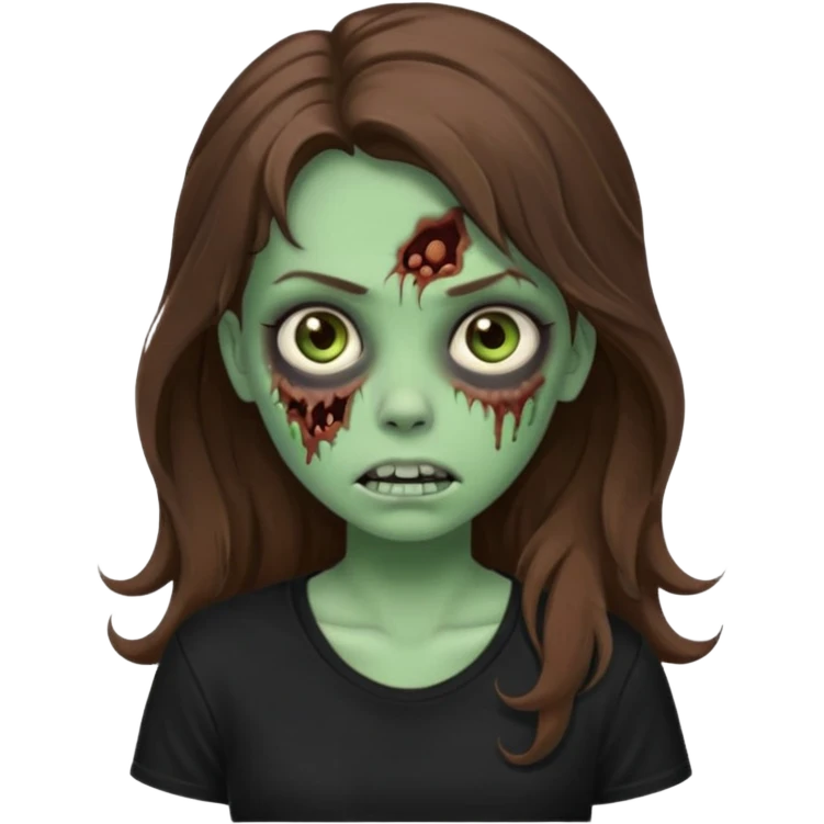 crie uma garotazoombie cabelo ondulado 2c longo castanho castanho comprido e blusa básica preta sem nada com pele esverdeada com rosto fofo  emoji