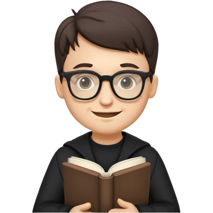 edgelord nerd, holding a book, wearing dark clothes and glasses, mischievous smirk, fun emoji style emoji