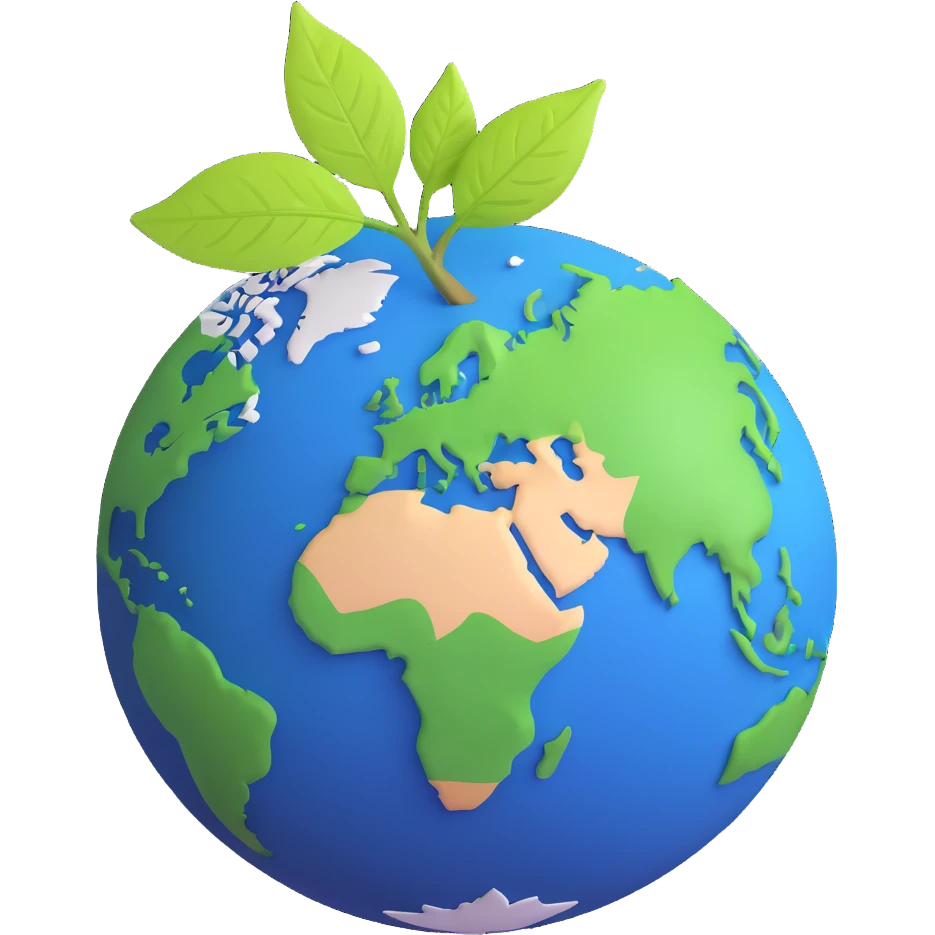 A single green leaf resting gently on top of a vibrant, round Earth globe. The focus is on the leaf and the globe with a simple background and soft natural lighting emoji