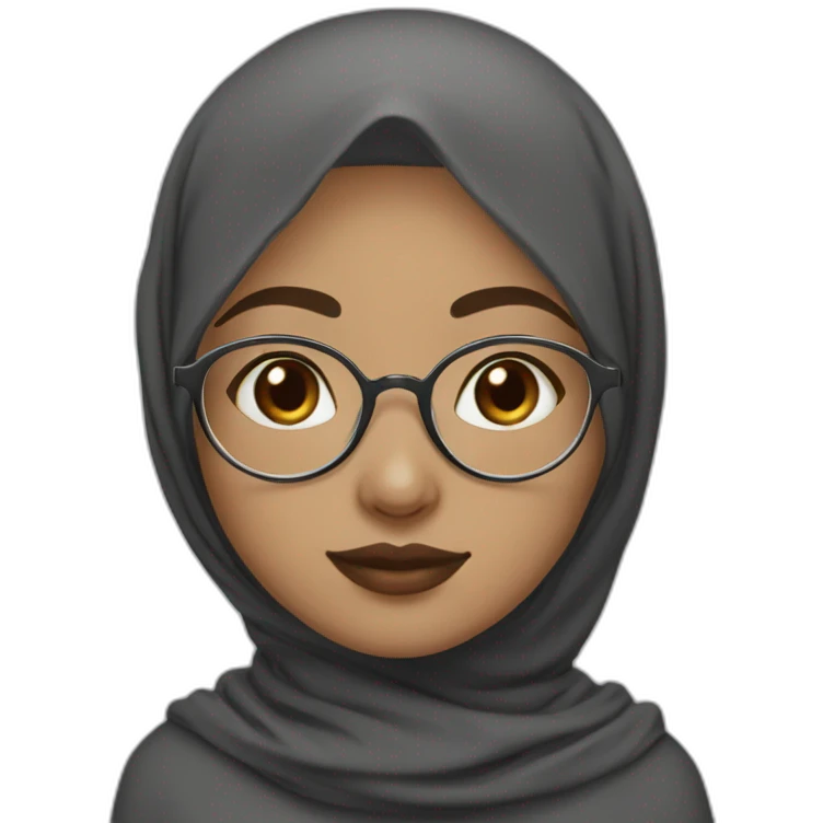 Hijab black color white fair skin girl brown eyes wearing round circular metal glasses, no make up, small lips,big cheeks, almond eyes, triangle nose emoji