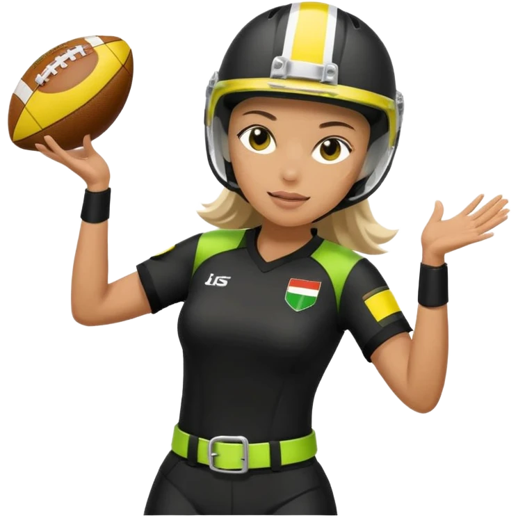 woman catching a football, wearing a helmet, black uniform with white accents, lemon lime flag belt, no country flags emoji