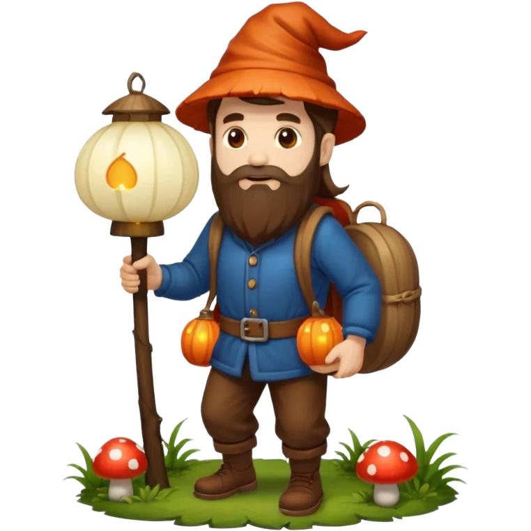 full body man long brown hair brown eyes medium beard white skin carrying glowing mushroom lantern emoji