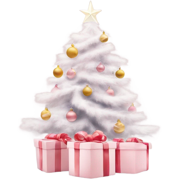 Light pink Christmas gifts under a white Christmas tree  emoji