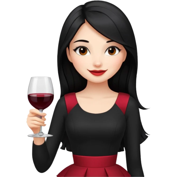 Juni – Cewe ramah  Kulit putih bersih, rambut hitam panjang sleek lurus. Pakai peplum item .  tatapan percaya diri senyum. setengah badan makeupnya bold pegang wine emoji