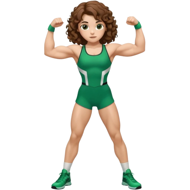 flexing muscles, big biceps, muscled torso, very beautiful italian girl, looking like Emma Watson, with curly and big volume very bright brown hair, dressed in a beautiful green sports costume, full body emoji