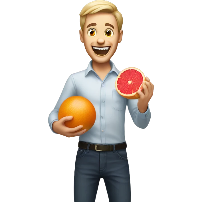 Excited white man holding a grapefruit emoji