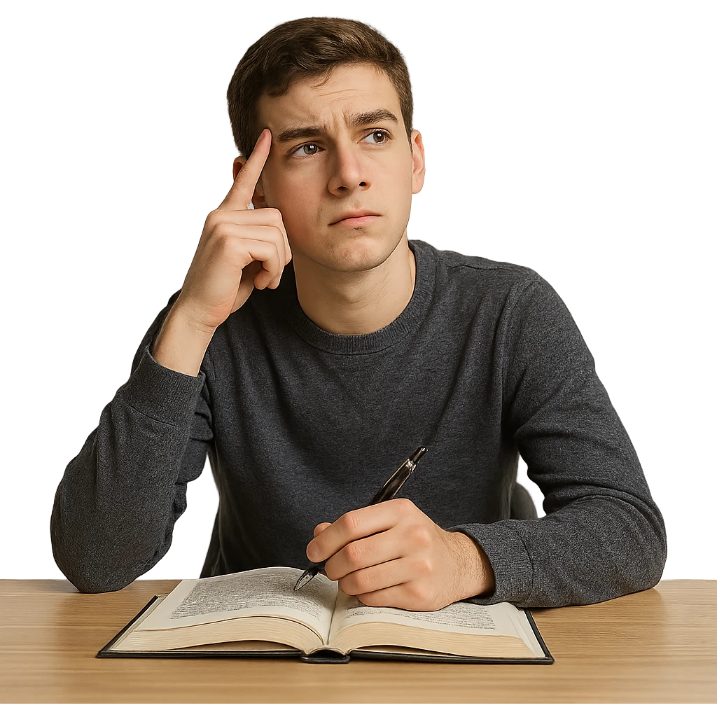 realistic style student thinking about a question, thoughtful facial expression, sitting at desk with book and pen emoji