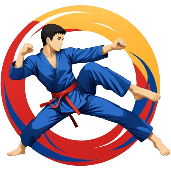 An emblem-style design featuring crossed martial arts weapons like a fist and foot, symbolizing striking combat sports. The background includes a silhouette of a fighter in an action pose, with dynamic lines and bold colors, showcasing speed and power. Transparent background. emoji